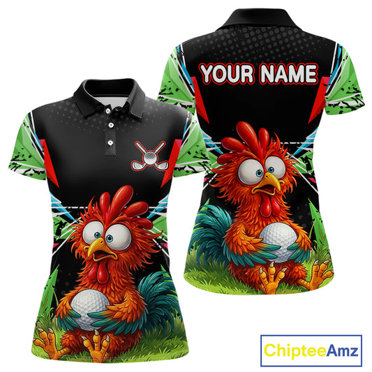 Personalized Crazy Rooster Golf Polo Shirt Green Abstract Geometric Golf Apparel for Womens