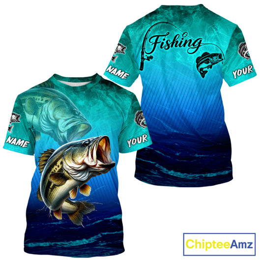 Custom 2 Name Teal Blue Bass Fishing Jersey - Personalized 3D Fishing T - Shirt