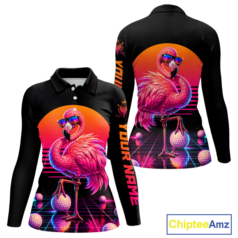 Personalized Funny Flamingo Womens Golf Polo Shirt – Vintage Neon Golf Design