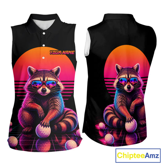 Personalized Funny Raccoon Womens Sleeveless Golf Polo Shirt – Vintage Neon Golf Design NHT995