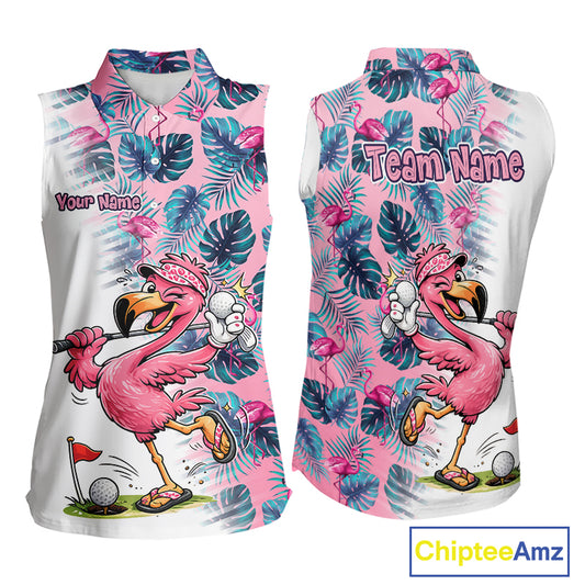 Funny Pink Flamingo Tropical With Pattern Sleeveless Womens Flamingo Golf Polo Shirt Custom Golf Shirts For Womens NHT649