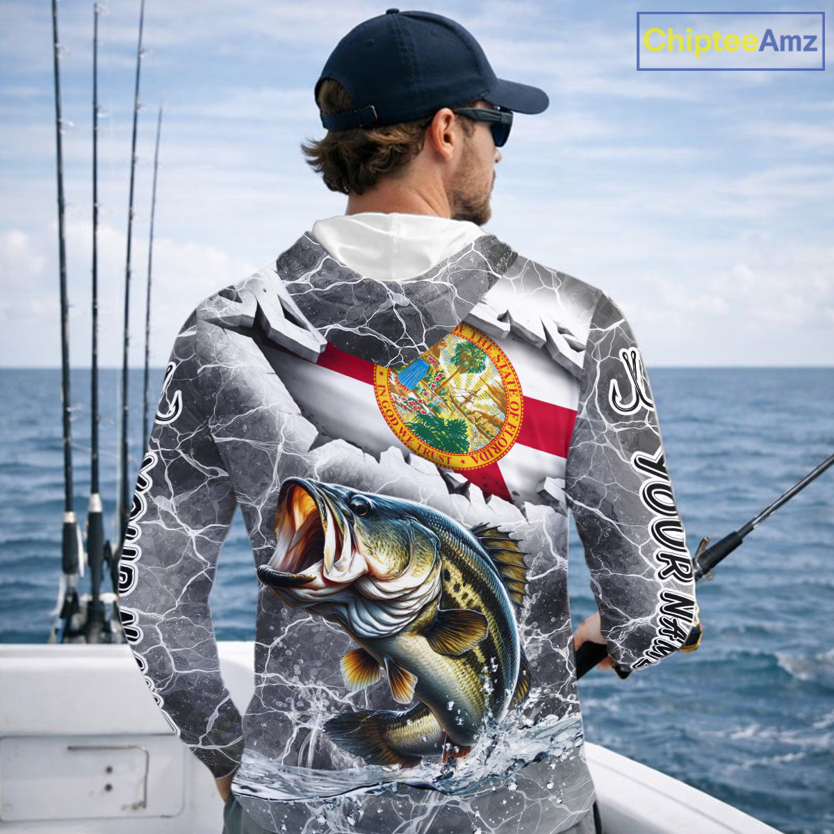 Florida Largemouth Bass Camo Gray Custom Long Sleeve Hooded Performance Fishing Shirts, Florida Flag Fishing Jerseys NHT657