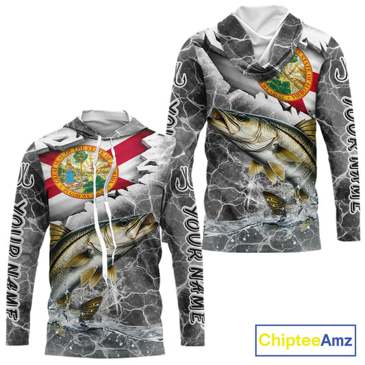 Florida Snook Camo Gray Custom Long Sleeve Hooded Performance Fishing Shirts, Florida Flag Fishing Jerseys NHT661