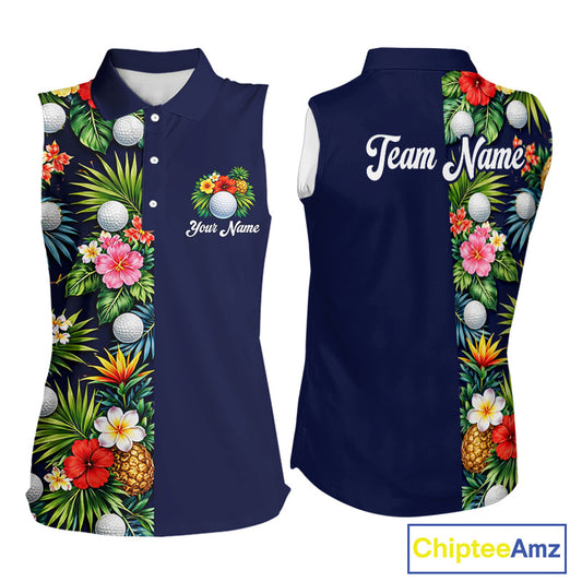Womens Sleeveless Golf Polo Shirt Green Tropical Flower Leaves Custom Name Golf Polo Shirts, Golfing Gift NHT720