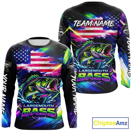 Personalized Bass Fishing Jerseys, Custom American Flag Fishing Shirts Long Sleeve For Men NHT458