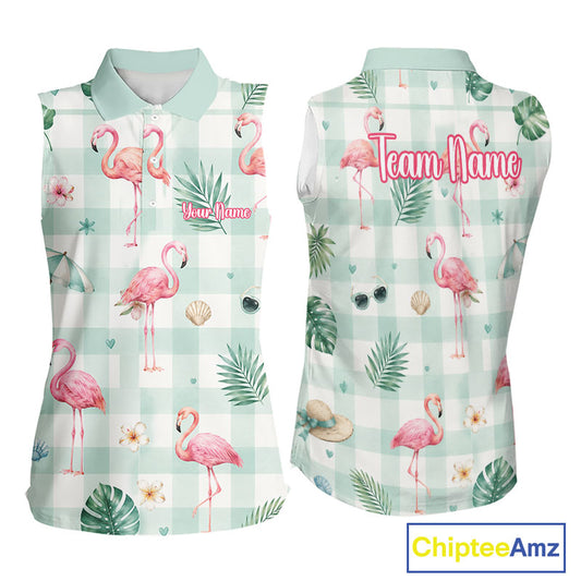 Front and back views of a sleeveless women's polo shirt featuring a tropical flamingo and palm leaf print over a mint green and white gingham check pattern. The shirt includes customizable text areas and a 'Team Name' placeholder on the back.
