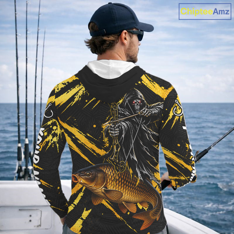 Carp Fishing Shirts Hooded Long Sleeve For Men, Grim Reaper Fishing Apparel, Bowfishing Gift NHT1378