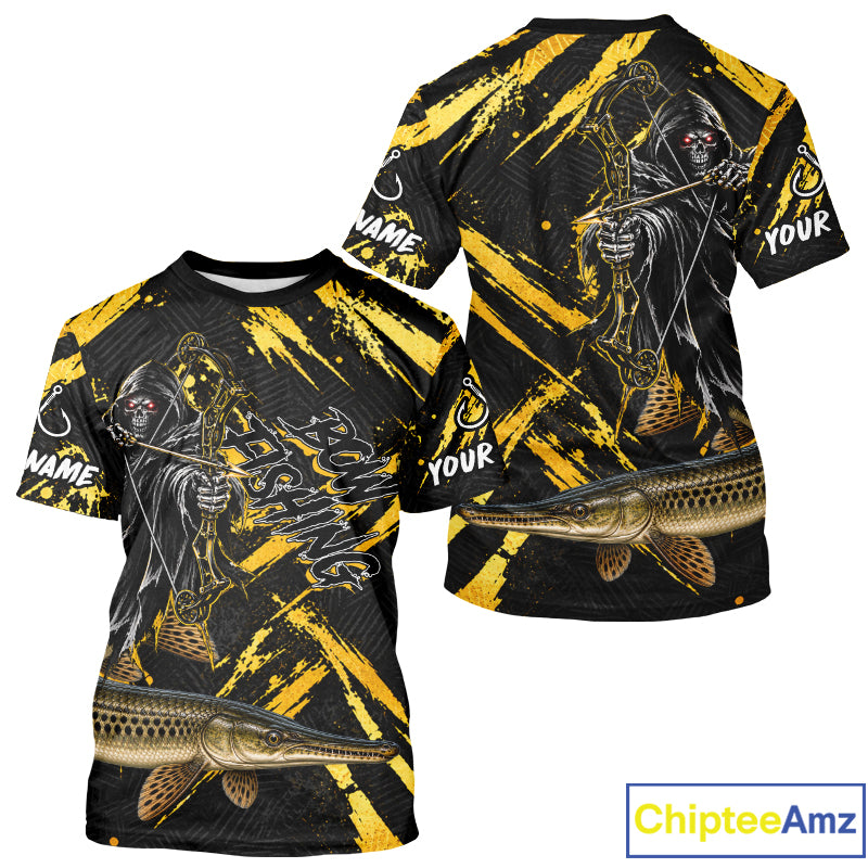 Alligator Gar Fishing Shirts Short Sleeve For Men, Grim Reaper Fishing Apparel, Bowfishing Gift NHT1379