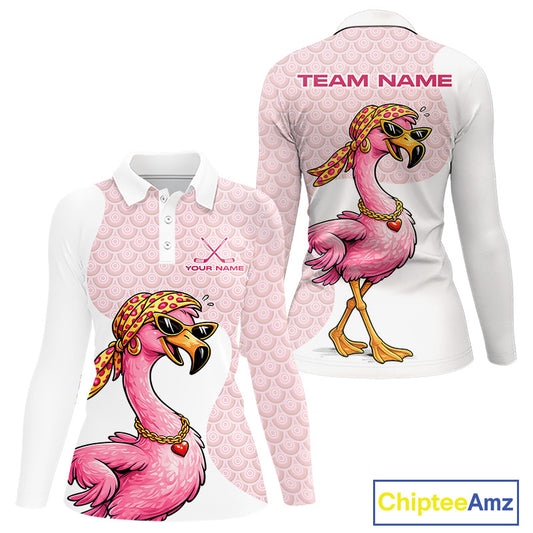 White Pink Womens Golf Shirt Flamingo Golf Funny Custom Team Name Cool Gift For Golfer NHT546