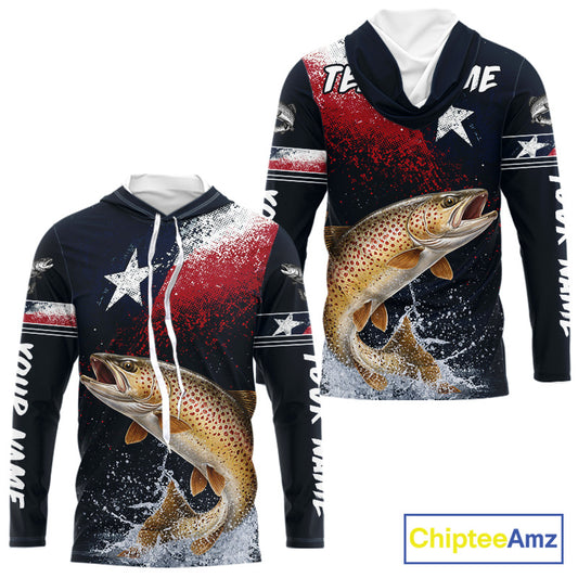 Custom Vintage Brown Trout Long Sleeve Hooded Patriotic Fishing Shirt For Men, Trout Texas Flag Fishing Shirt NHT767