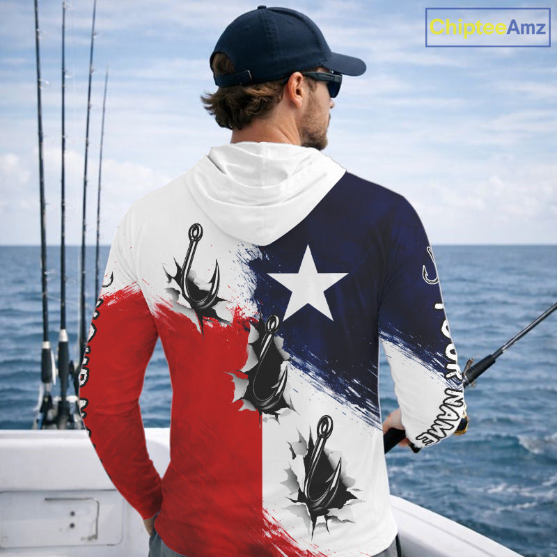 Texas Fishing Fish Hooks Patriotic Fishing Shirt Long Sleeve Hooded, Custom Name Fishing Jerseys NHT664