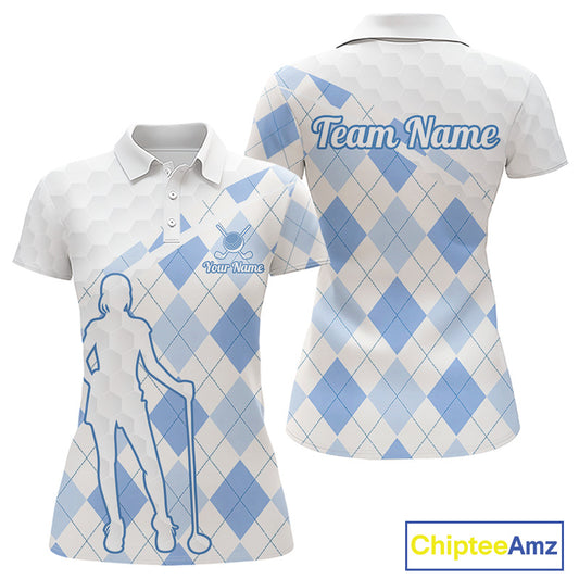 Personalized Blue White Argyle Plaid Pattern Womens Golf Polo Shirts, Blue Golf Tops For Womens NHT674