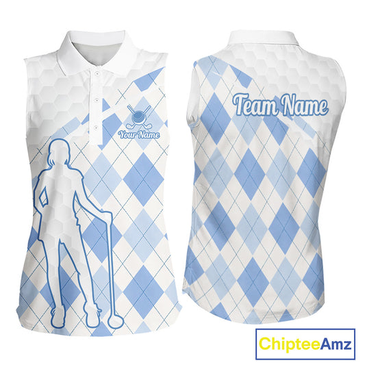Personalized Blue White Argyle Plaid Pattern Womens Sleeveless Golf Polo Shirts, Blue Golf Tops For Womens NHT674