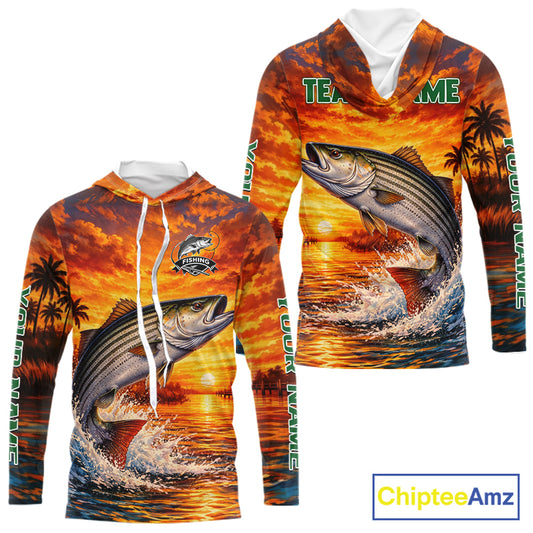 Personalized Striped Bass Fish Hooded Fishing Shirt Long Sleeve – Sunset Ocean Design NHT711