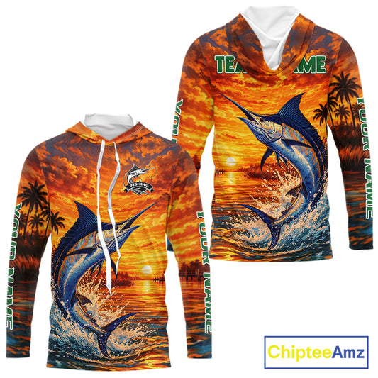 Personalized Marlin Fish Hooded Fishing Shirt Long Sleeve – Sunset Ocean Design NHT714
