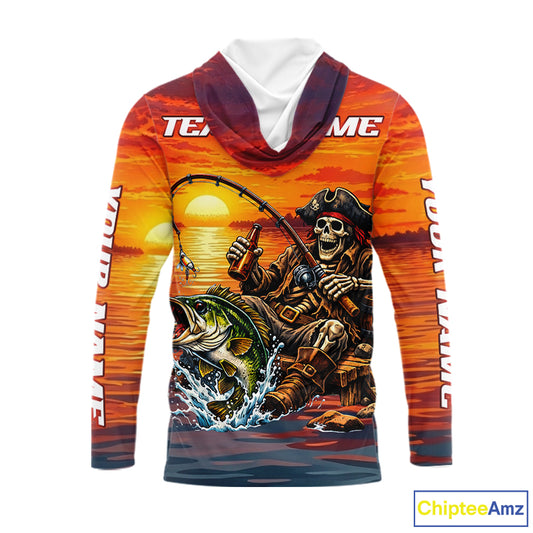 Skeleton Bass Hooded Fishing Shirts Long Sleeve – Sunset Fisherman Skull Design, Funny Fishing Gift For Anglers NHT536