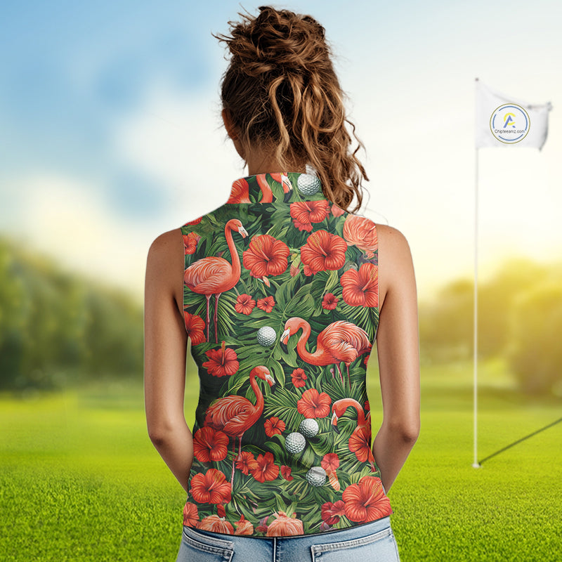 Custom Hibicus Flamingo Floral Golf Sleeveless Polo Shirts For Womens, Flower Golf Team Shirts NHT540