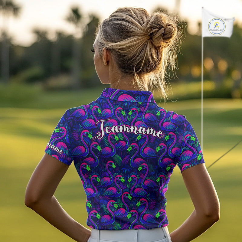 Womens Golf Polo Shirt Neon Flamingos Tropical Pattern Custom Name, Golfing Gifts NHT557
