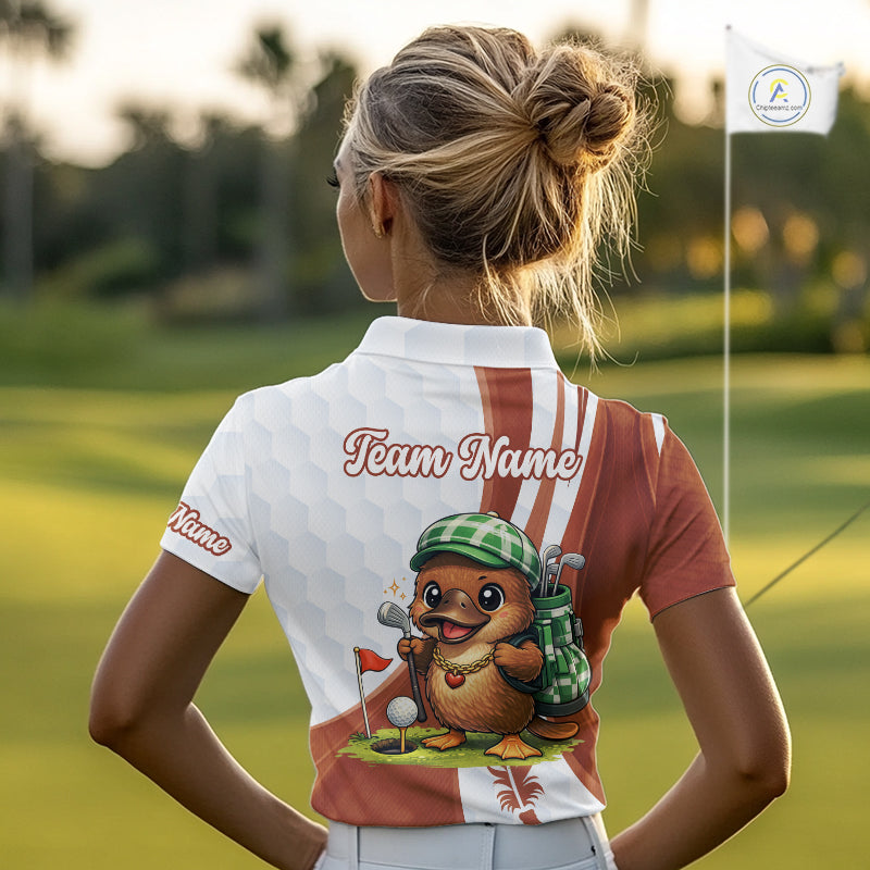 Funny Womens Golf Polo Shirt Custom Brown And White Platypus Pattern White Golf Shirts NHT576