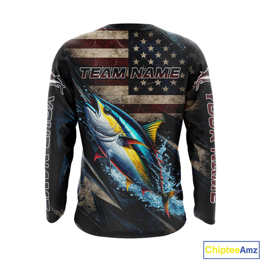 Patriotic Tuna Fishing Jerseys, Personalized American Flag Tuna Fishing Shirts Long Sleeve NHT581