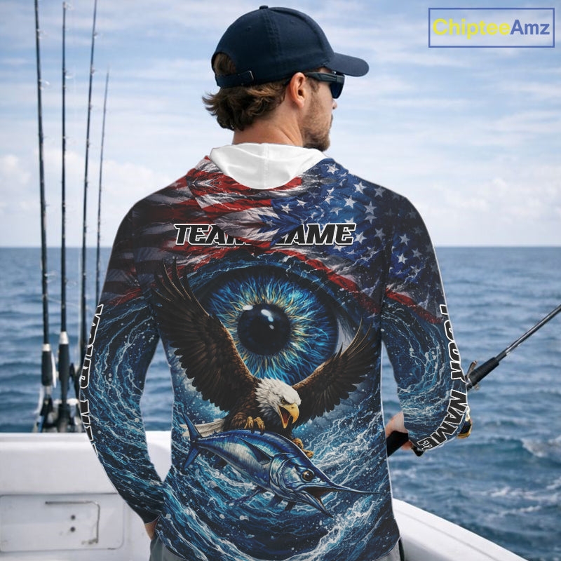 USA Eagle Marlin Fishing Shirt Long Sleeve Hooded – Custom Name Patriotic Ocean Eye Design NHT429