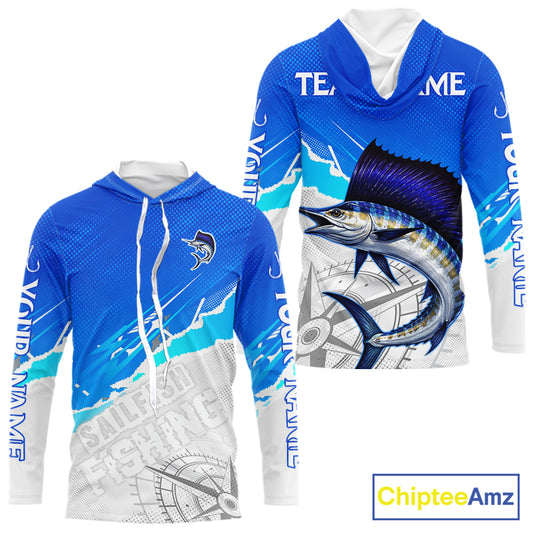 Sailfish Fishing Custom Hooded Fishing Shirts Long Sleeve For Men, Sailfish Saltwater Fishing Shirt NHT644