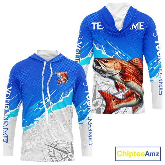 Redfish Fishing Custom Hooded Fishing Shirts Long Sleeve For Men, Redfish Saltwater Fishing Shirt NHT647