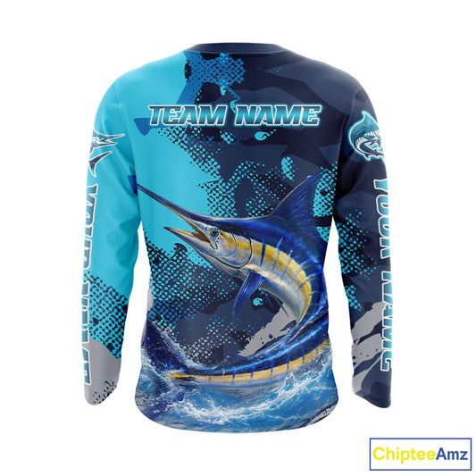 Marlin Fishing Blue Camo Custom Name Long Sleeve, Long Sleeve Hooded Fishing Shirt NHT453