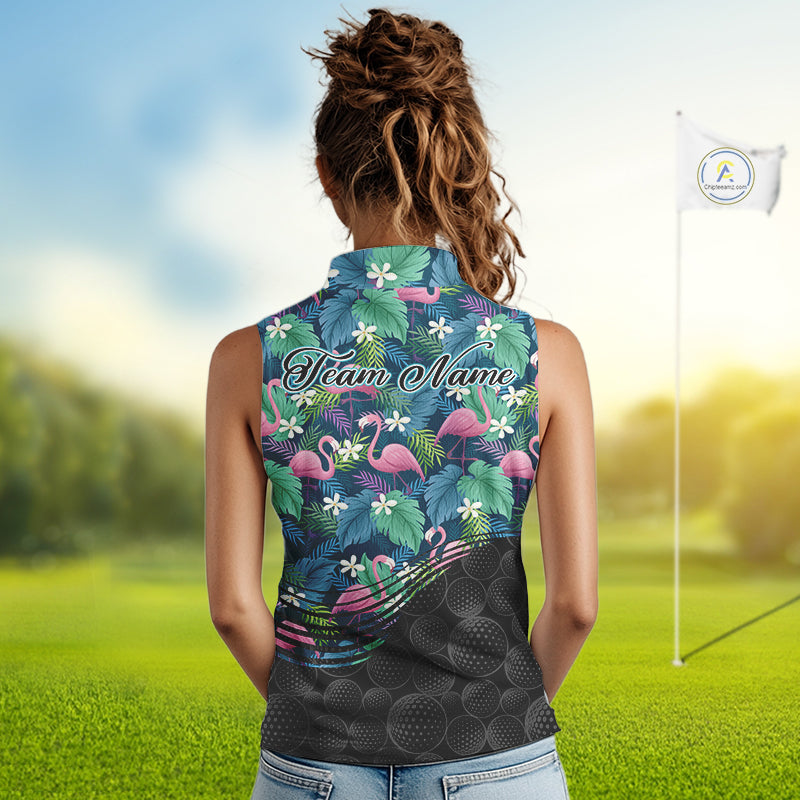 Flamingo Golf Ball Womens Sleeveless Polo Shirts, Colorful Tropical Flamingo Pattern, Tropical Golf Shirt NHT668