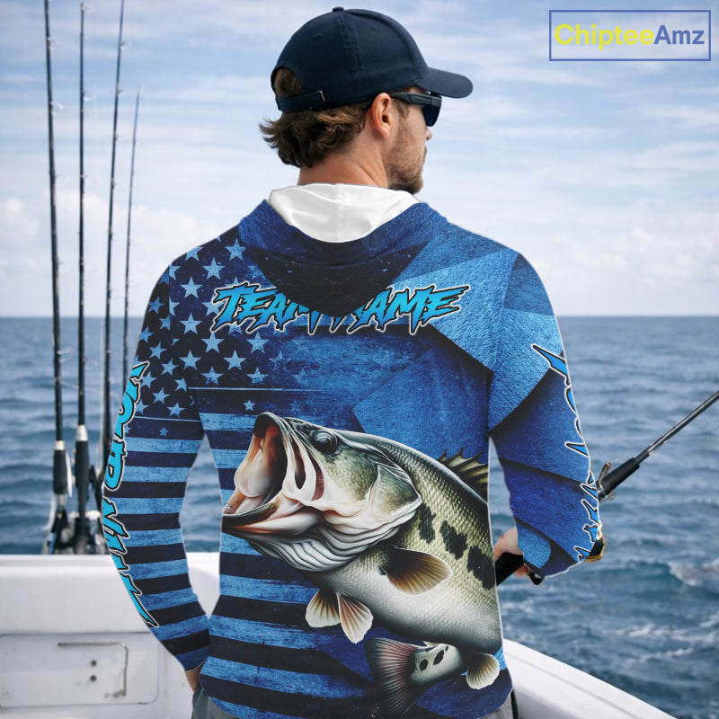 Bass Fishing Shirts Long Sleeve Hooded With American Flag, Personalized Bass Fishing Gift For Father Days NHT680