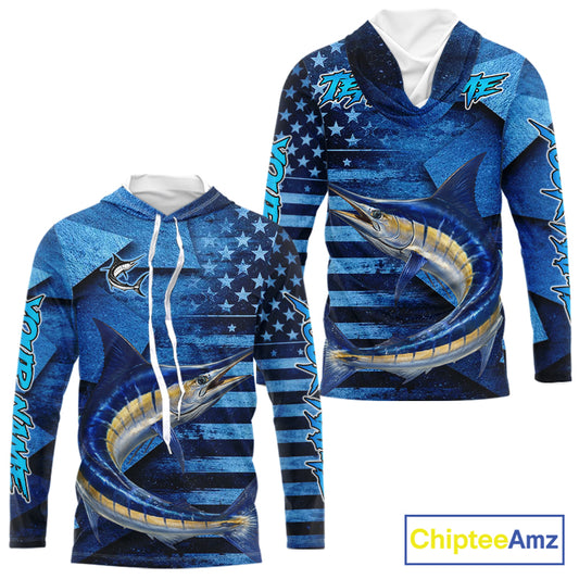Marlin Hooded Fishing Shirts Long Sleeve With American Flag, Personalized Marlin Fishing Gift For Father Days NHT683