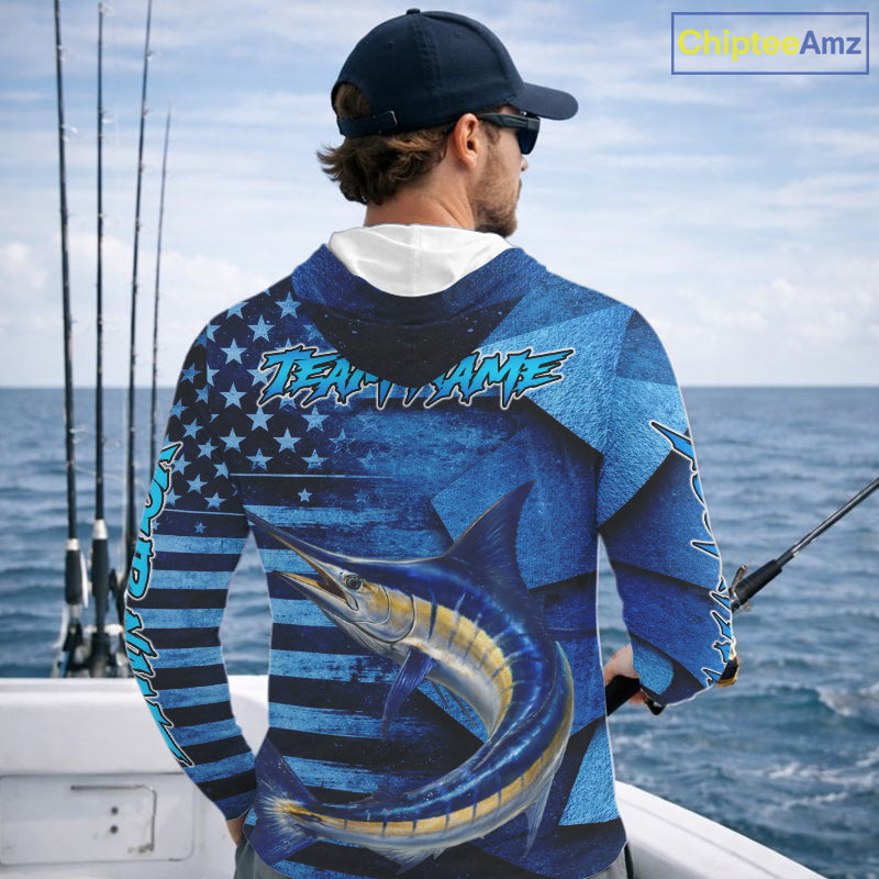 Marlin Hooded Fishing Shirts Long Sleeve With American Flag, Personalized Marlin Fishing Gift For Father Days NHT683