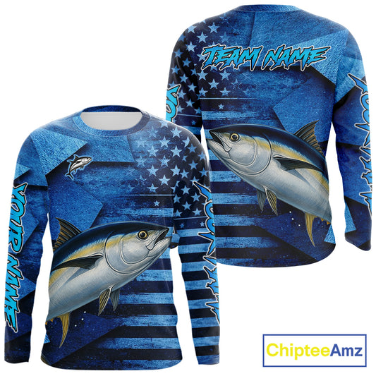 Tuna Fishing Shirts Long Sleeve With American Flag, Personalized Tuna Fishing Gift For Father Days NHT684