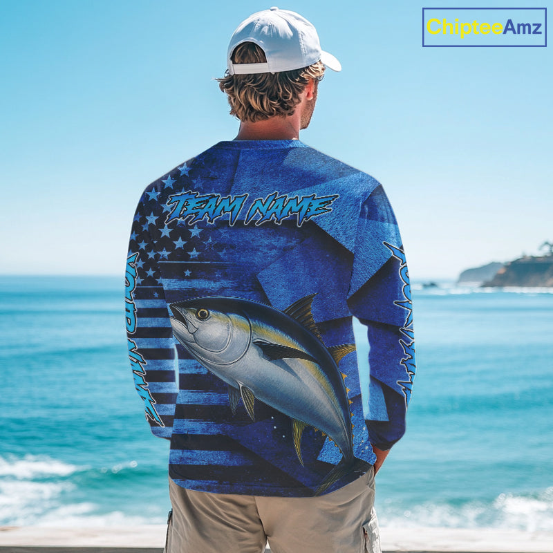 Tuna Fishing Shirts Long Sleeve With American Flag, Personalized Tuna Fishing Gift For Father Days NHT684