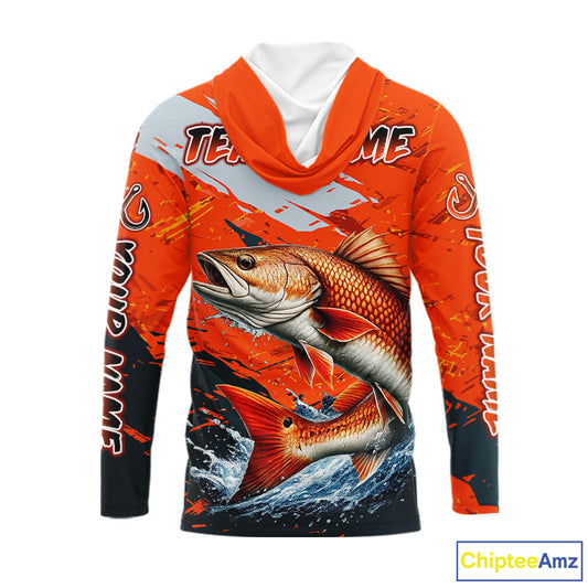 Custom Redfish Fishing Tournament Jerseys, Red Drum Orange Hooded Fishing Shirts Long Sleeve NHT572