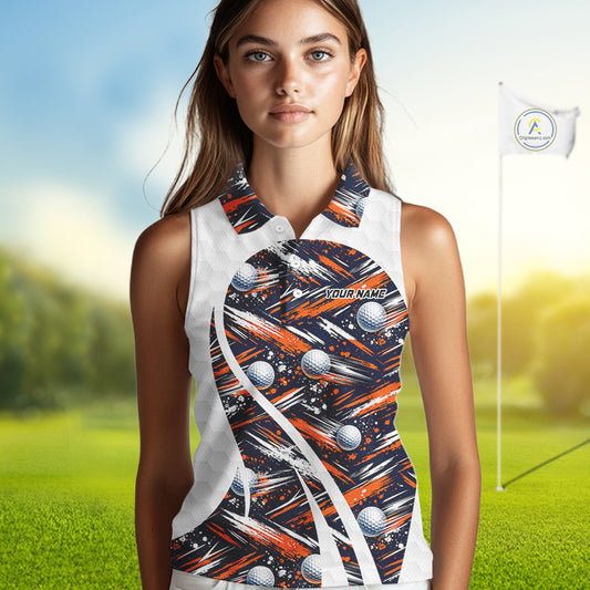 Womens Sleeveless Golf Polo Shirts Custom Black And Orange Golf Ball Pattern Golf Attire For Ladies, Golfer Gifts NBT573