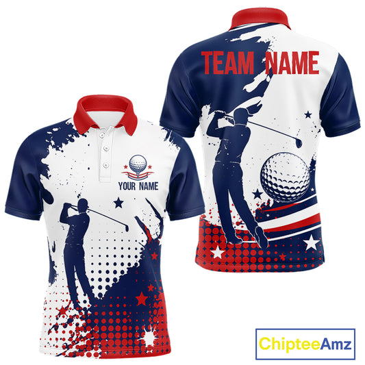 Front and back view of Mens golf polo shirt American flag patriotic custom name white with your name on the chest and team name on the back.
