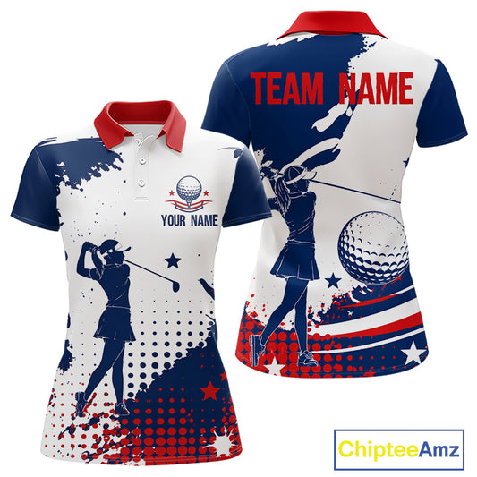 Front and back view of Mens golf polo shirt American flag patriotic custom name white