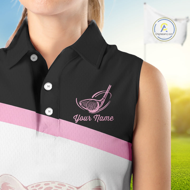 Leopard Womens Sleeveless Golf Polo Shirt Custom Pink Leopard Pattern Team Golf Tops, Golf Gifts NBT588