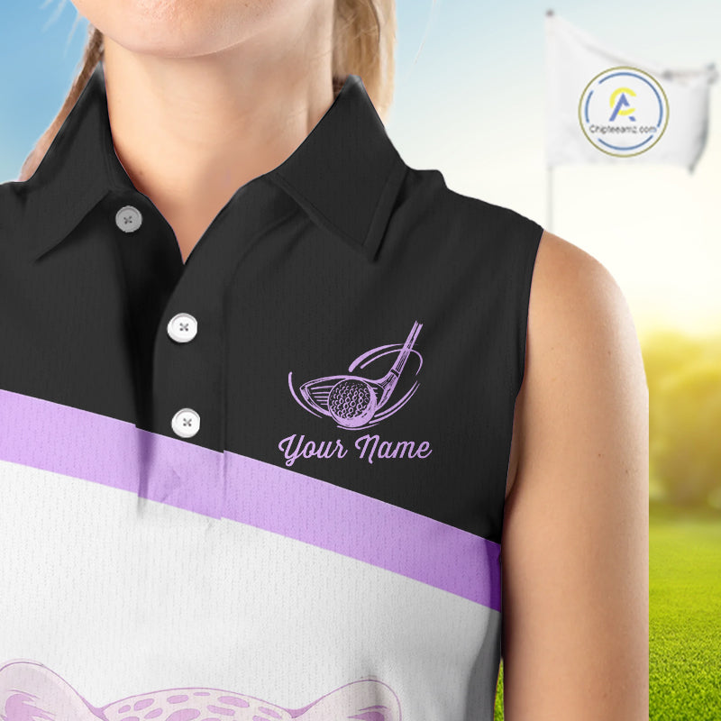 Leopard Womens Sleeveless Golf Polo Shirt Custom Purple Leopard Pattern Team Golf Tops, Golf Gifts NBT589