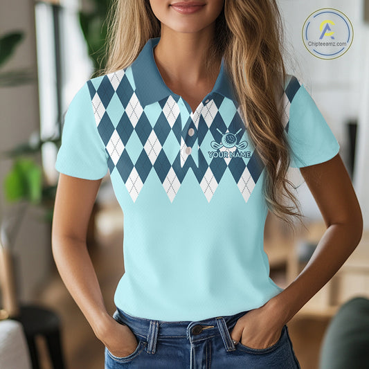 Blue Argyle Plaid Pattern Womens Golf Polo Shirt Custom Golf Polo Shirt For Ladies, Golfing Gifts NBT593