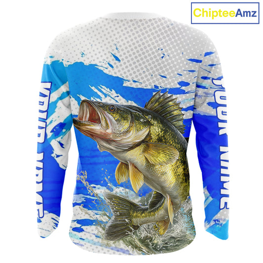 Blue Camo Walleye Fishing Shirts Long Sleeve, Walleye Fishing Jerseys NBT407