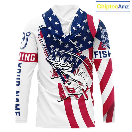 Hooded Bass Fishing American Flag Fishing Tournament Shirts, Personalized Bass Long Sleeve Fishing Jerseys NBT485
