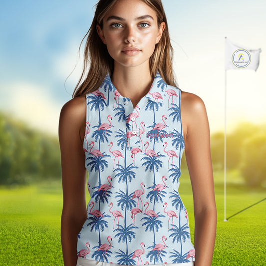 Flamingo Tropical Palm Tree Womens Sleeveless Golf Polo Shirt, Custom Matching Girl Polo Team, Golf Gifts For Ladies NBT494