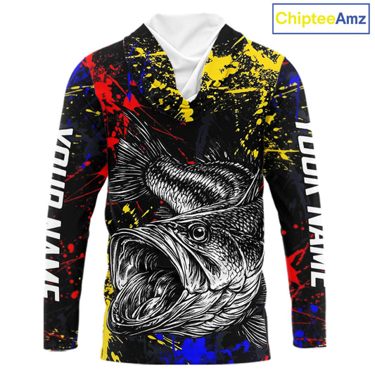 Colorful Paint Tattoo Bass Fishing Shirts Long Sleeve With Hood, Bass Fishing Jerseys NBT431