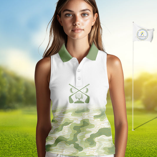 Green And White Camo Womens Sleeveless Golf Polo Shirts Customized Camouflage Golf Shirts For Women, Golfer Gifts NBT510