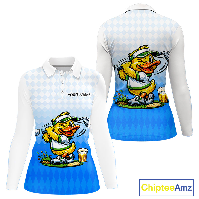 Funny Duck Golf Polo Shirt For Womens, Cute Duck With Beer Print Shirt, Sporty Animal Golf Gift|Blue NBT622