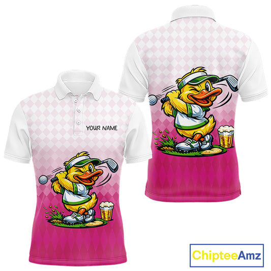 Funny Duck Golf Polo Shirt For Men, Cute Duck With Beer Print Shirt, Sporty Animal Golf Gift|Pink NBT624