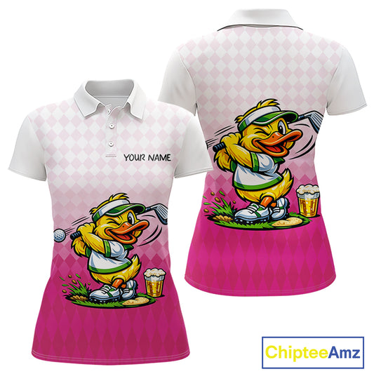 Funny Duck Golf Polo Shirt For Womens, Cute Duck With Beer Print Shirt, Sporty Animal Golf Gift|Pink NBT624