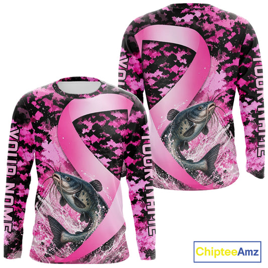 Front and back view of pink ribbon camouflage catfish fishing breast cancer custom sun protection long sleeve fishing shirt